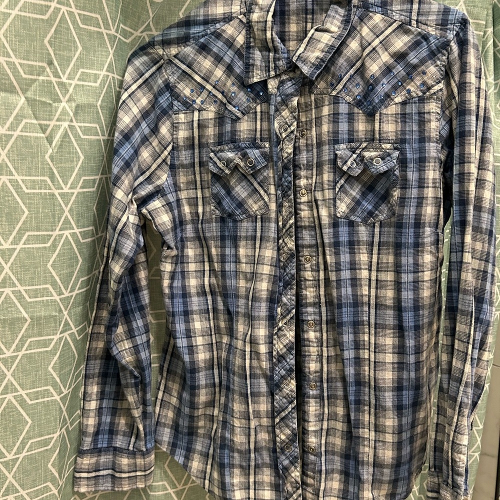 Blue and White Plaid Button-Up Shirt